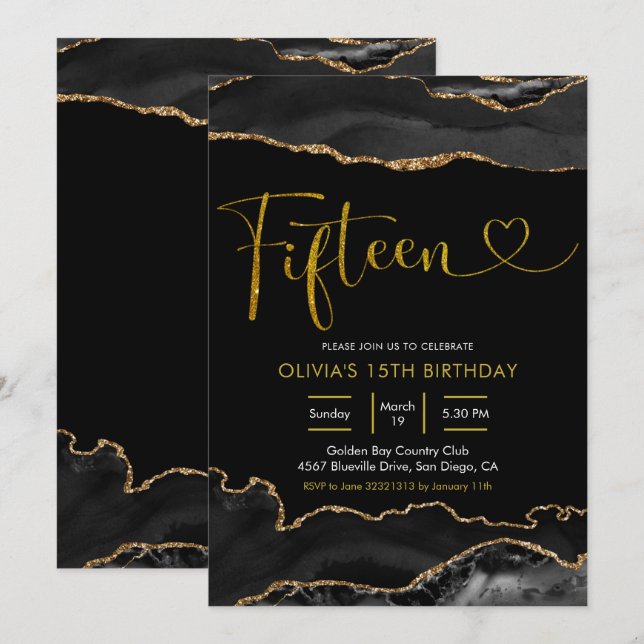 Elegant Black and Gold Agate Fifteen Birthday Invitation (Front/Back)