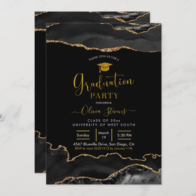 Elegant Black and Gold Agate Graduation Party Invitation (Front/Back)