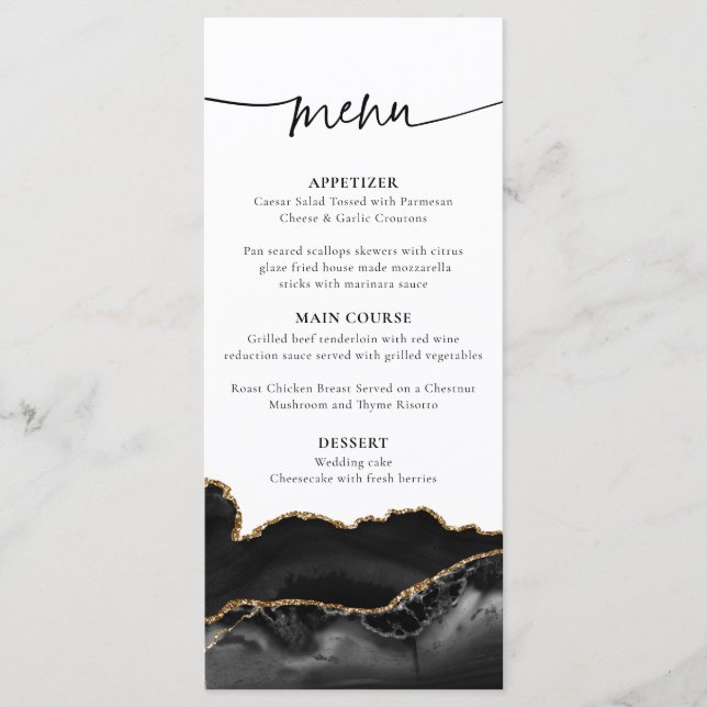 Elegant Black and Gold Agate Wedding Menu Card (Front)
