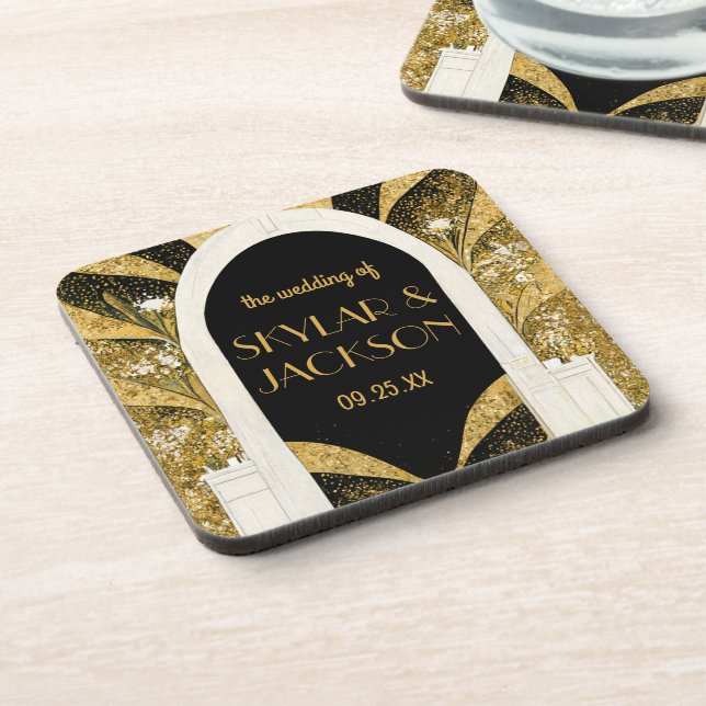 Elegant Black and Gold Art Deco Archway Wedding Coaster (Left Side)