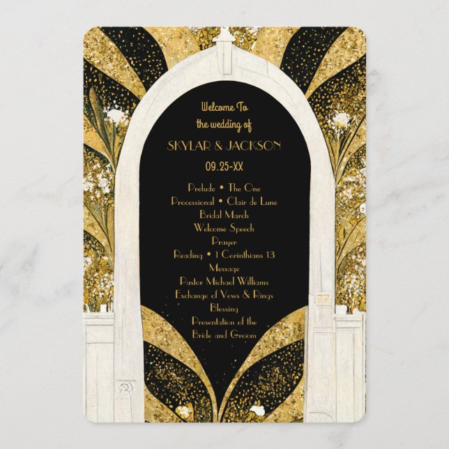 Elegant Black and Gold Art Deco Archway Wedding Program (Front)