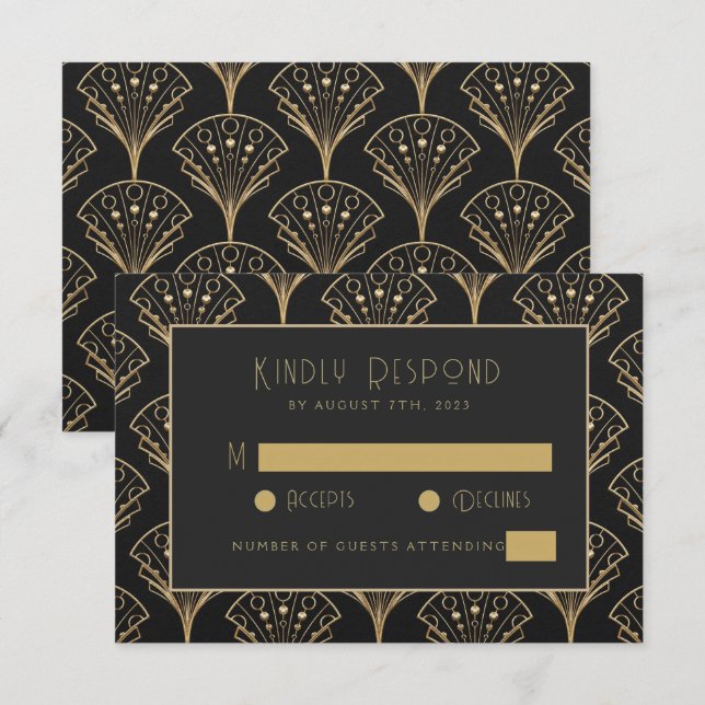 Elegant Black And Gold Art Deco Classic Wedding  RSVP Card (Front/Back)