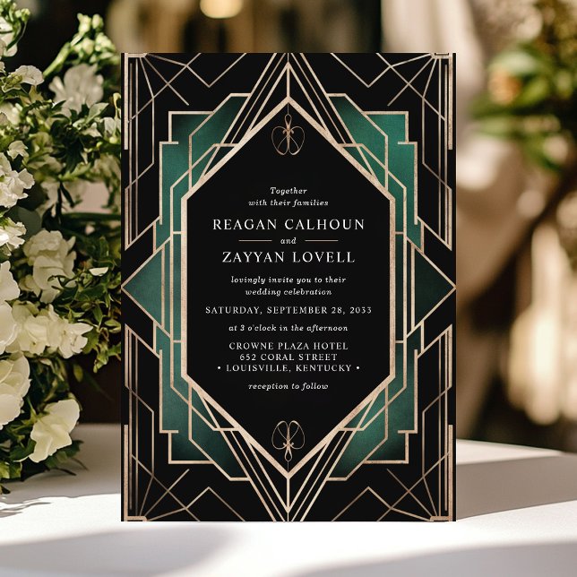 Elegant Black and Gold Art Deco Emerald Wedding Invitation (Creator Uploaded)