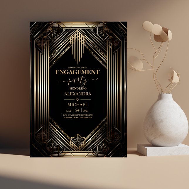 Elegant Black and Gold Art Deco Engagement Party Invitation (Creator Uploaded)