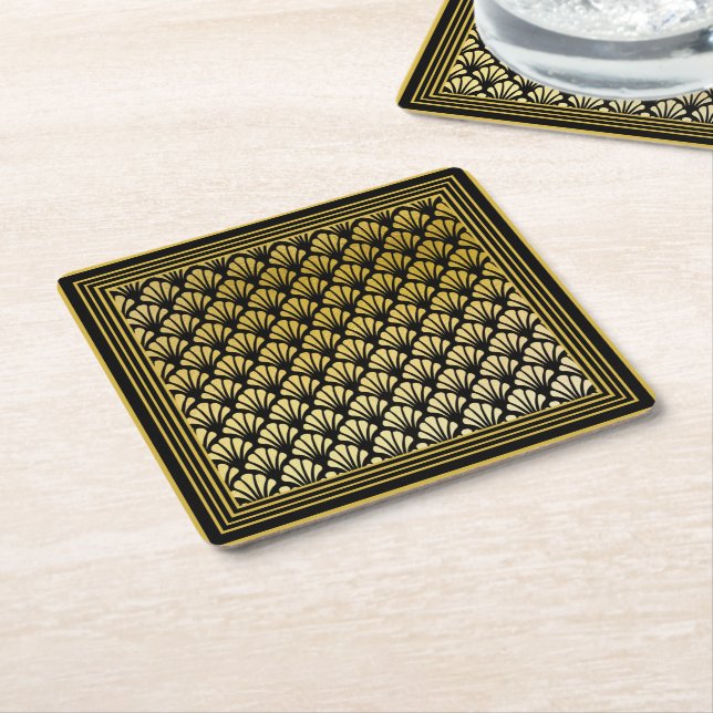 Elegant Black and Gold Art Deco Fan Pattern Party Square Paper Coaster (Angled)