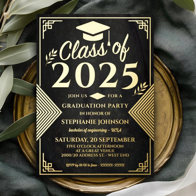 Elegant Black and Gold Art Deco Graduation Party  (Celebrate your graduate in style with this sophisticated black and gold Art Deco-inspired graduation)
