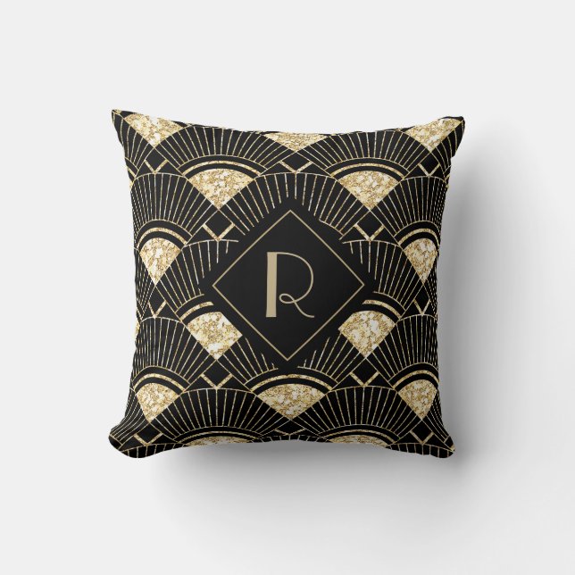 Elegant Black and Gold Art Deco Monogram Cushion (Front)