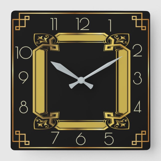 Elegant black and gold art deco square wall clock (Front)