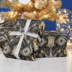 Elegant Black and Gold Art Deco Star Pattern  Wrapping Paper