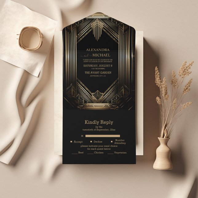 Elegant Black and Gold Art Deco  Wedding All In One Invitation (Creator Uploaded)