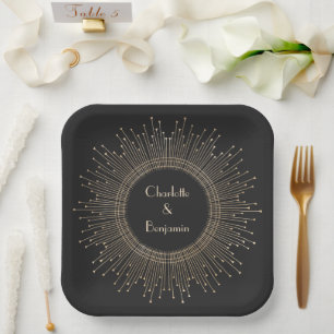 Elegant Black and Gold Art Deco Wedding Custom Paper Plate