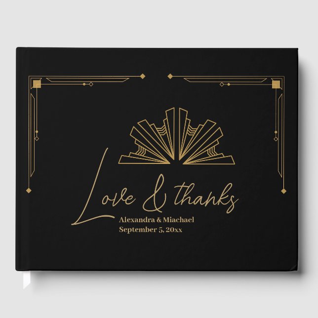 Elegant Black and Gold Art Deco  Wedding Guest Book (Front)