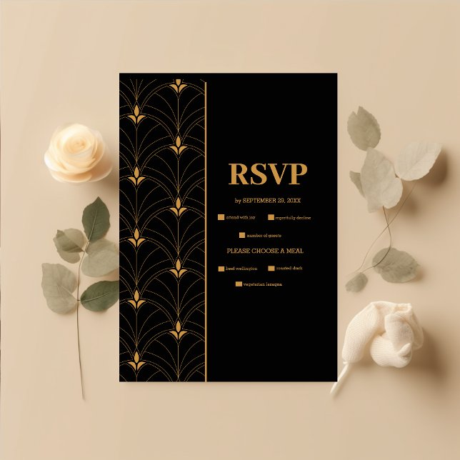 Elegant Black and Gold Art Deco  Wedding RSVP Card (Creator Uploaded)