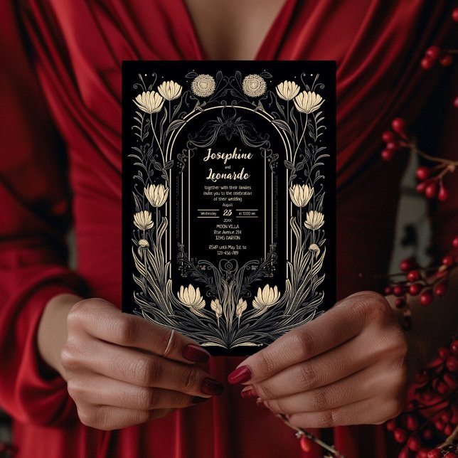 Elegant Black and Gold Art Nouveau Floral Wedding  Invitation (Creator Uploaded)