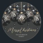 Elegant black and gold baubles luxury Christmas Classic Round Sticker<br><div class="desc">Elegant black and gold Christmas design with luxury Christmas baubles with ornate decoration,  satin bows and golden chain and personalised text.</div>