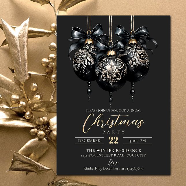 Elegant black and gold baubles luxury Christmas Invitation (Gold and black luxury Christmas invitation with ornate Christmas baubles)
