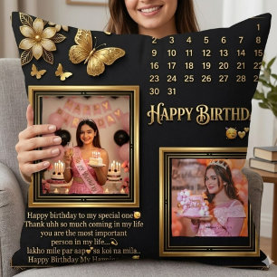 Elegant Black and Gold Birthday Photo Collage Cushion