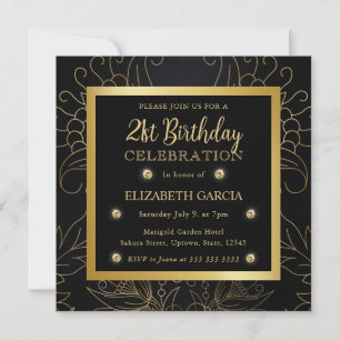 Elegant Black and Gold Botanical 21st Birthday Invitation