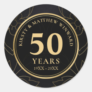 Elegant Black and Gold Botanical 50th Anniversary Classic Round Sticker