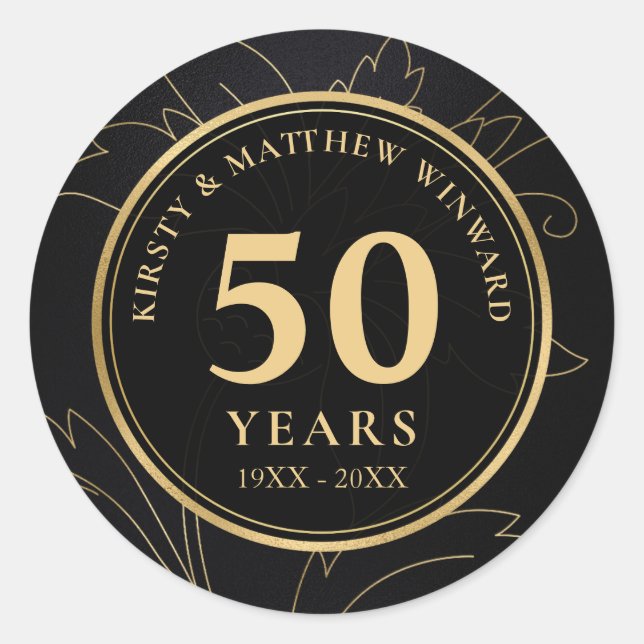 Elegant Black and Gold Botanical 50th Anniversary Classic Round Sticker (Front)