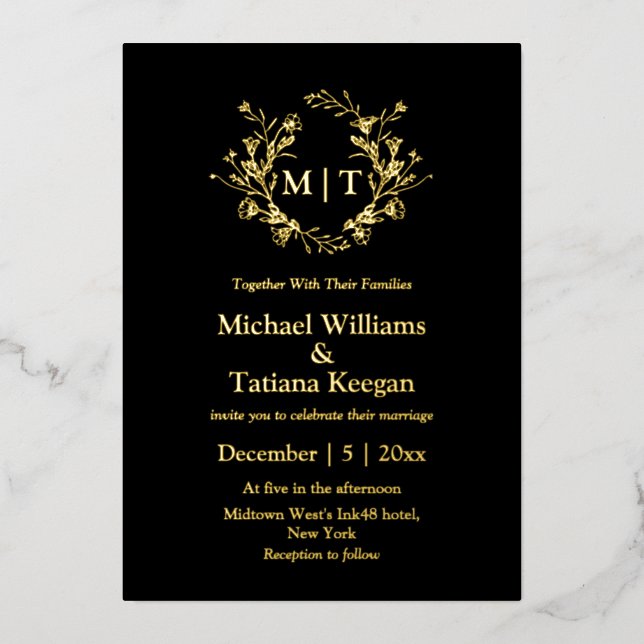 elegant black and gold botanical monogram wedding (Front)