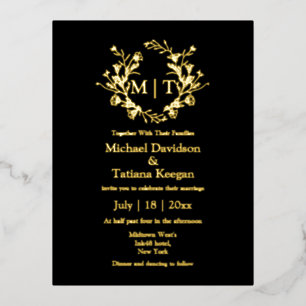 elegant black and gold botanical monogram wedding foil invitation postcard