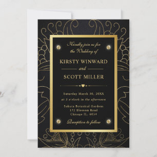 Elegant Black and Gold Botanical Wedding Invitation