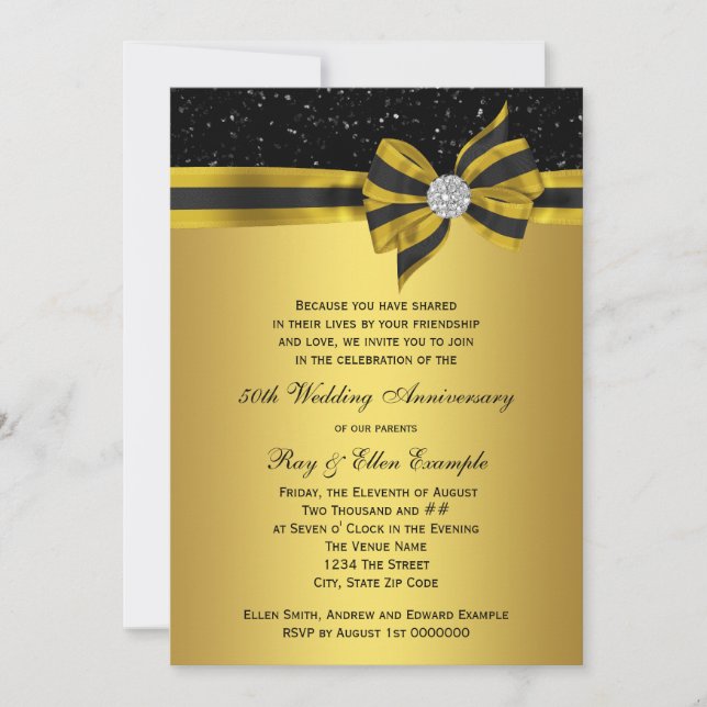 Elegant Black and Gold Bow 50th Anniversary Party Invitation (Front)
