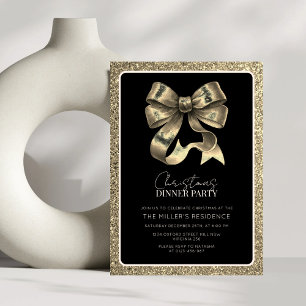 Elegant Black and Gold Bow Christmas Dinner Party  Invitation