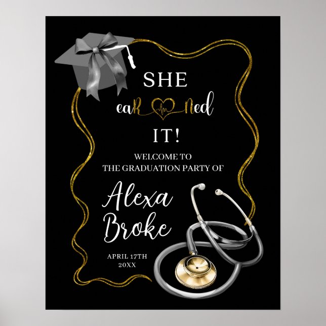 Elegant Black and Gold Bow Nurse Graduation Poster (Front)