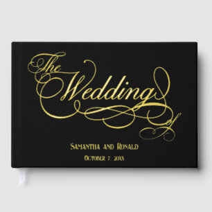 Elegant Black and Gold Calligraphy Wedding Guest Book