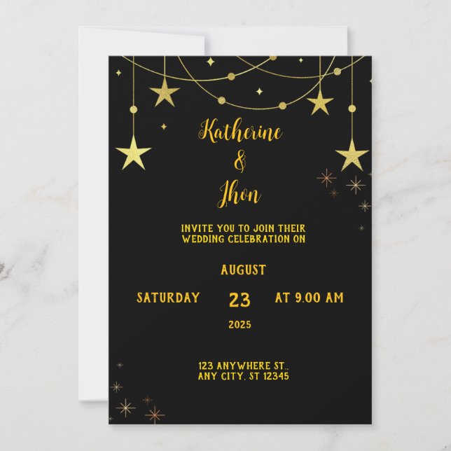 Elegant Black and Gold Celebration Themed Wedding Invitation (Front)