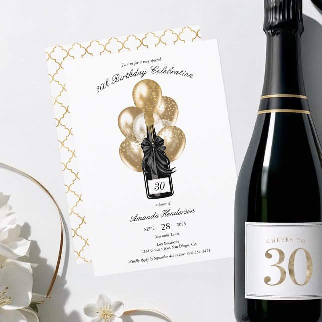 Elegant Black and Gold Champagne Birthday Invitation (Elegant Champagne Birthday Invitation)