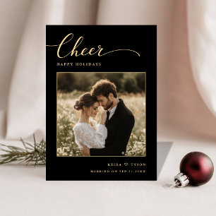 Elegant Black and Gold Cheer Photo Newlywed Holiday Card