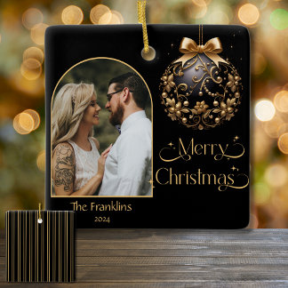 Elegant Black and Gold Christmas Photo  Ceramic Ornament