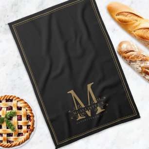 Elegant Black and Gold Classy Monogram Family Tea Towel