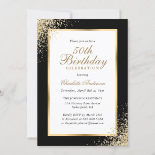 Elegant Black and Gold Confetti 50th Birthday Invitation