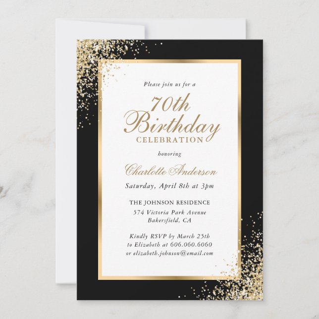 Elegant Black and Gold Confetti 70th Birthday Invitation (Front)