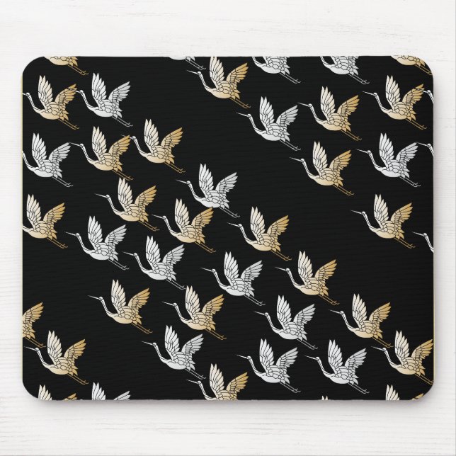 Elegant Black and Gold Crane Japanese Art Mouse Pad (Front)