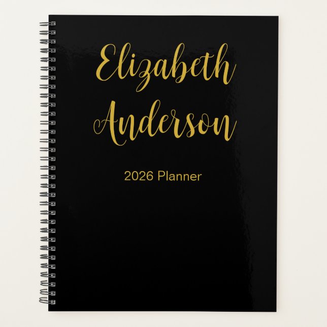 Elegant Black and Gold Cursive Script Name 2026 Planner (Front)