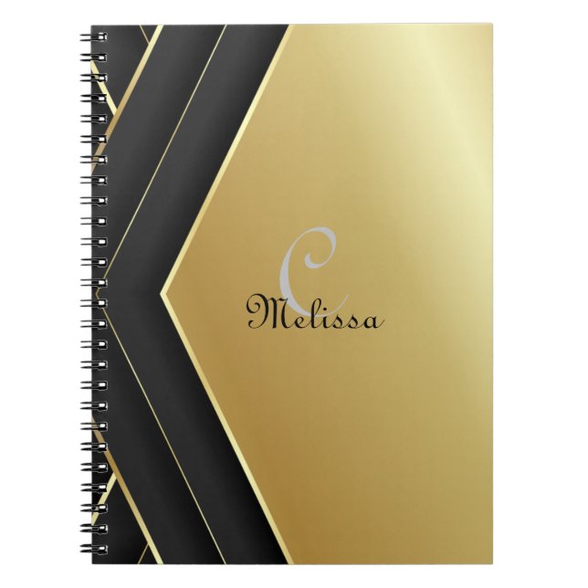 Elegant Black and Gold Custom Monogram Name Notebook (Front)
