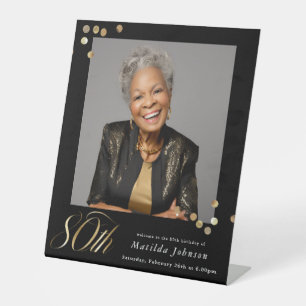 Elegant Black and Gold Custom Photo 80th Birthday Pedestal Sign
