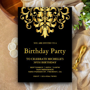 Elegant Black and Gold Damask Birthday Party Invitation