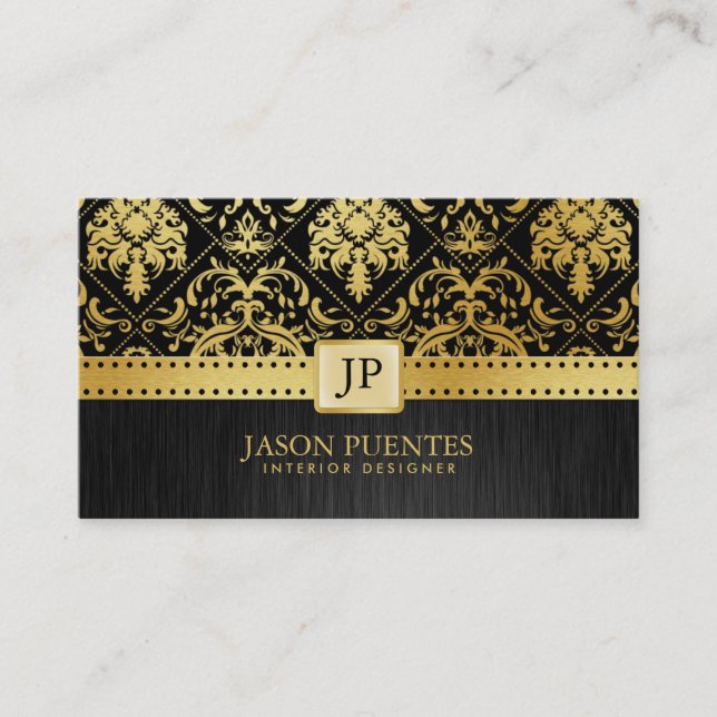 Elegant Black and  Gold  Damask Interior Designer Business Card (Front)