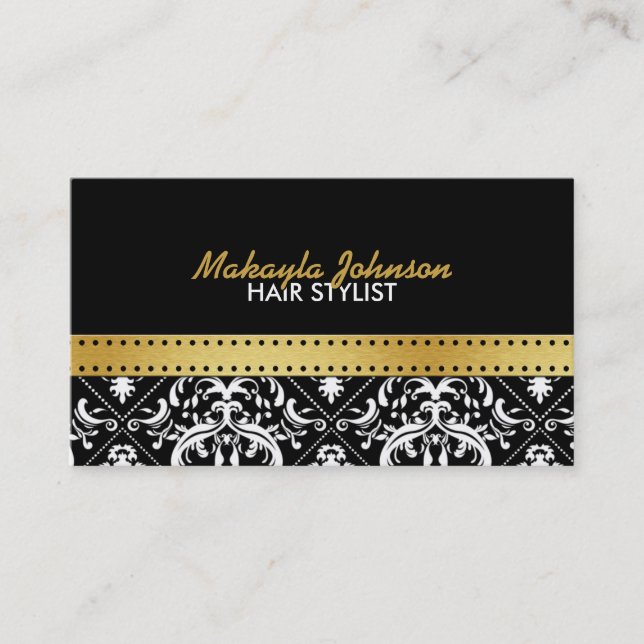 Elegant black and gold Damask Modern & Stylish Business Card (Front)