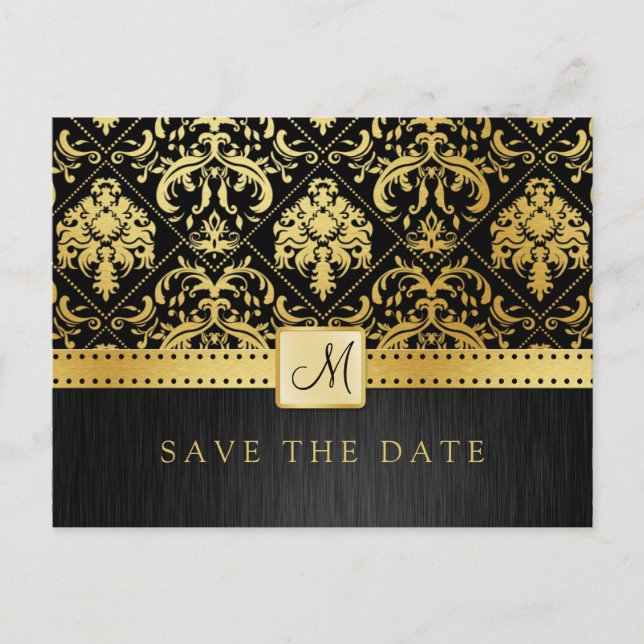 Elegant Black and Gold Damask Save the Date Announcement Postcard (Front)