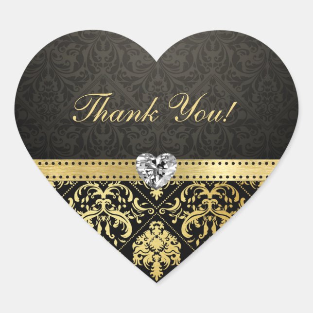 Elegant Black and Gold Damask Thank You Stickers (Front)