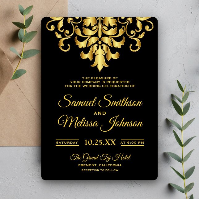 Elegant Black and Gold Damask Wedding Invitation (Creator Uploaded)