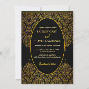 Elegant Black and Gold Damask Wedding Invitation