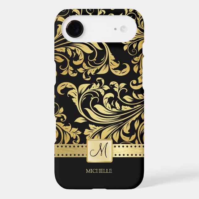Elegant Black and Gold Damask with Monogram Case-Mate iPhone Case (Back)